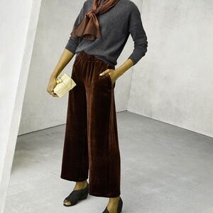 Eileen Fisher wide leg cropped ankle chocolate brown velvet pants oversized L